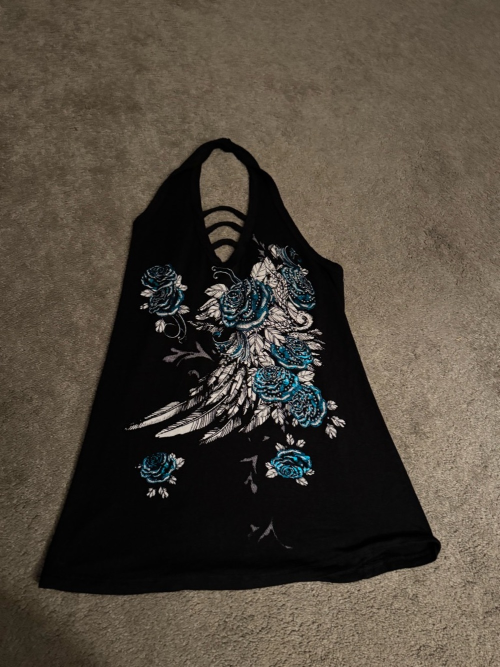 Black Halter Tank with Teal Floral Wing Graphic